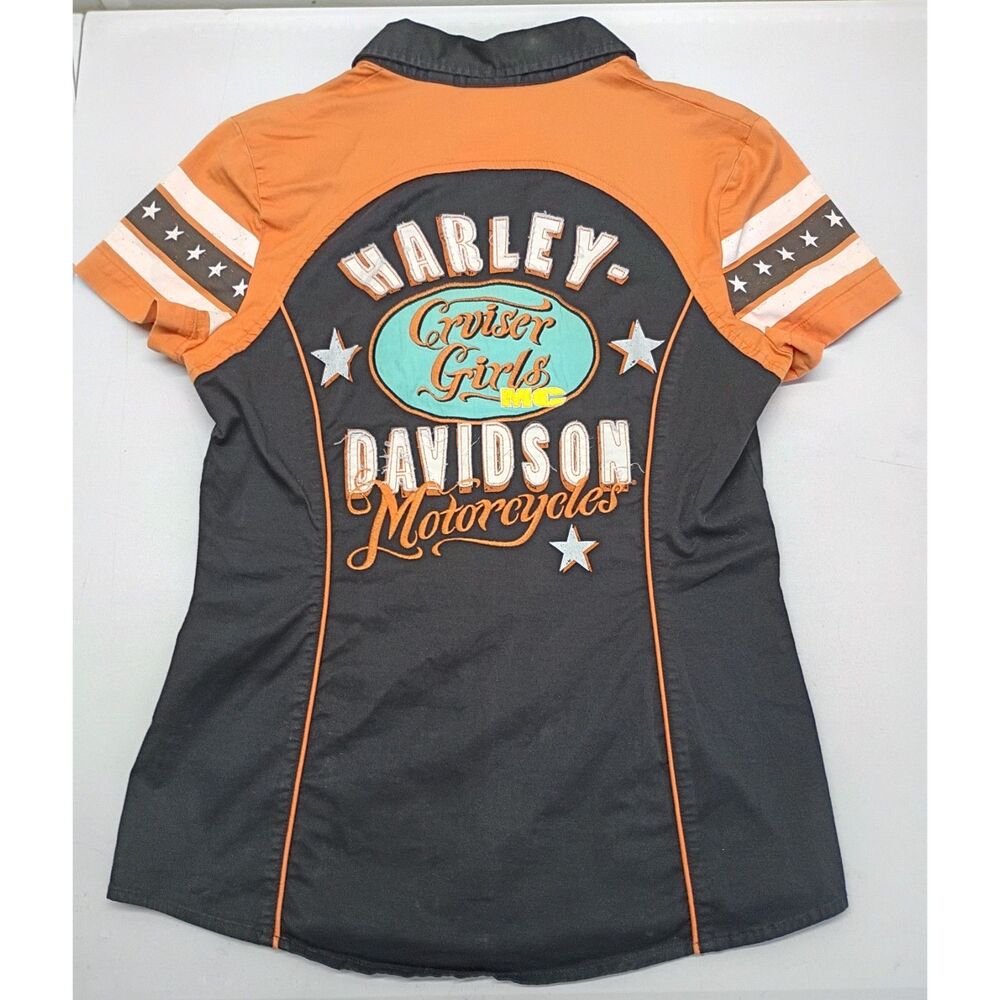 Harley Davidson Women's Blouse Sz M Short Sleeve Orange & Black Zip Closure